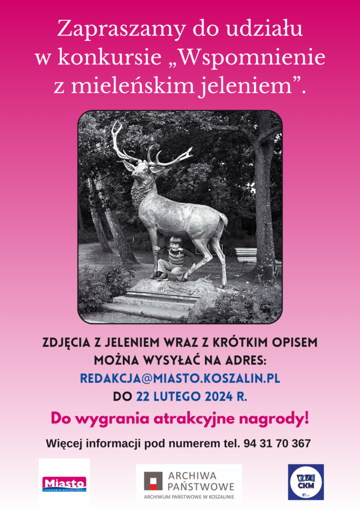 Różowy plakat reklamujący konkurs na zdjęcie z jeleniem. Na środku znajduje się czarno-białe zdjęcie pomnika jelenia.