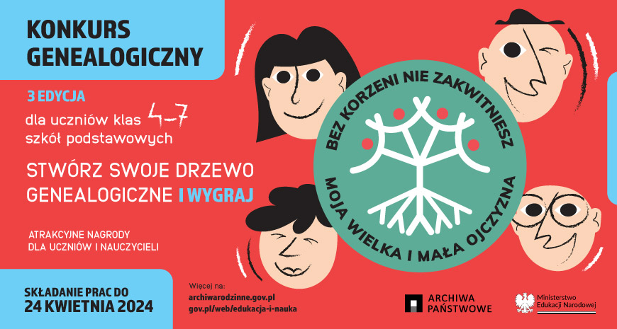 Grafika reklamująca konkurs genealogiczny. Na czerwonym tle napisy informacyjne po lewej stronie i rysunek koła i czterech twarzy po prawej stronie.